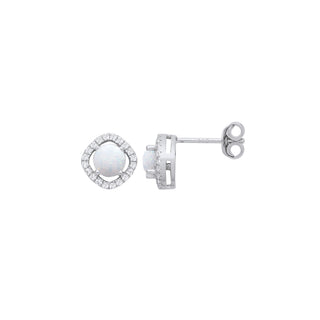 Silver Opal & CZ Halo Style Stud Earrings