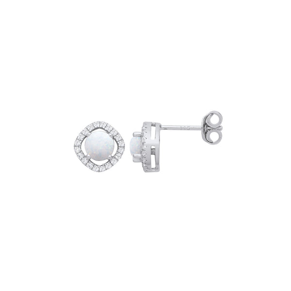 Silver Opal & CZ Halo Style Stud Earrings