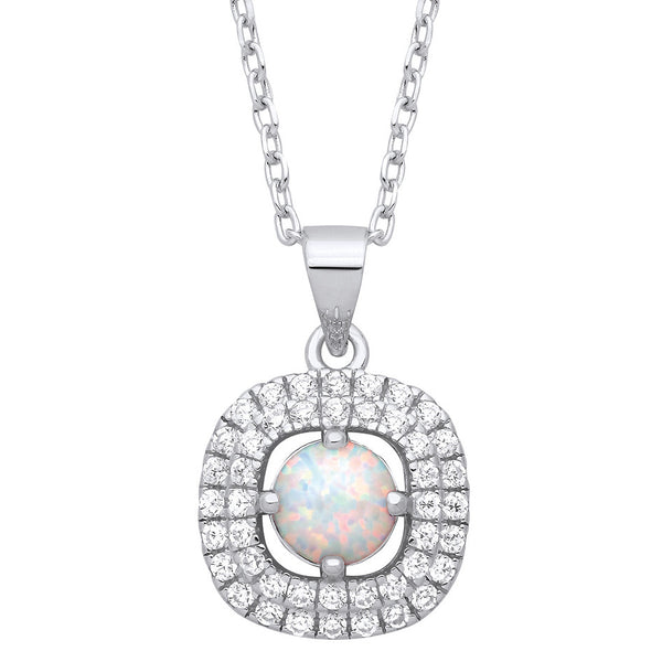 Silver Opal Halo Style Pendant With Chain