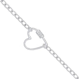 Silver Oval Link Chain, Heart CZ Charm Bracelet