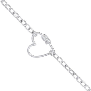 Silver Oval Link Chain, Heart CZ Charm Bracelet