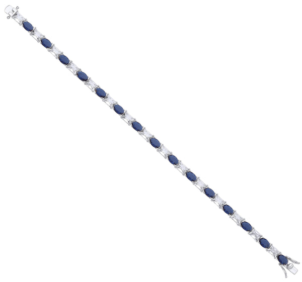 Silver Oval Sapphire Blue Glass & Clear Emerald CZ Tennis Bracelet