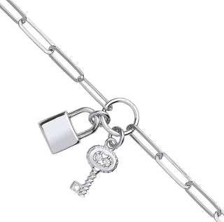 Silver Paper Clip Chain, Padlock & CZ Key Bracelet