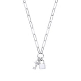 Silver Paper Clip Chain, Padlock & CZ Key Necklace