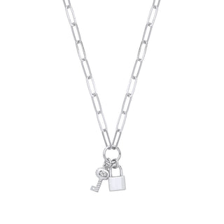 Silver Paper Clip Chain, Padlock & CZ Key Necklace