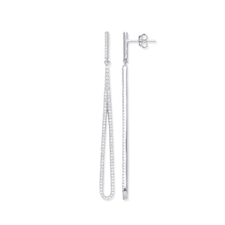 Silver Pave CZ Oval Linear Drop Earrings