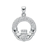 Silver Pave Set CZ Claddagh Drop Pendant