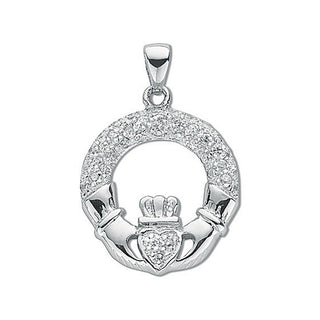 Silver Pave Set CZ Claddagh Drop Pendant