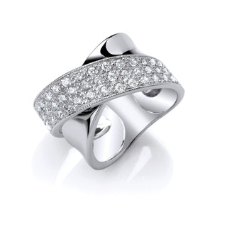 Silver Pave Set CZ Cross Over Ring K