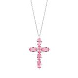 Silver Pink Crystal Cross Pendant On Chain
