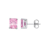 Silver Pink CZ Emerald Cut Stud Earrings