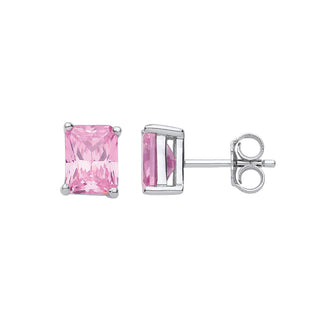 Silver Pink CZ Emerald Cut Stud Earrings