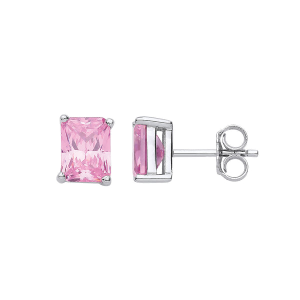 Silver Pink CZ Emerald Cut Stud Earrings