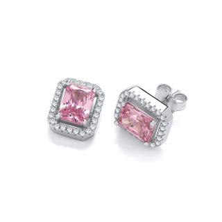 Silver Pink CZ Halo Stud Earrings