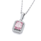 Silver Pink CZ Halo Stud Pendant With Chain