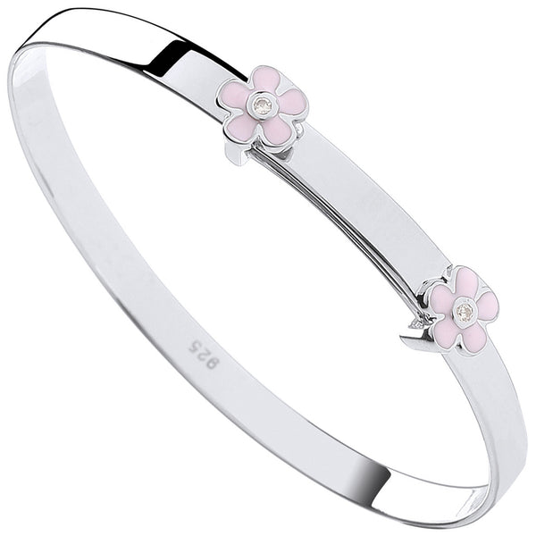 Silver Pink Enamel & CZ Flowers Expandable Baby Bangle