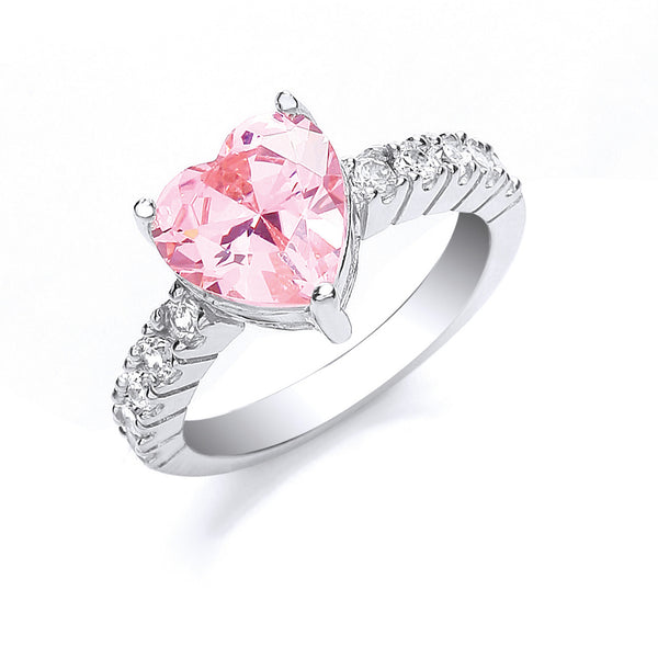 Silver Pink Heart Sterling Silver CZ With CZ On Shld Ring