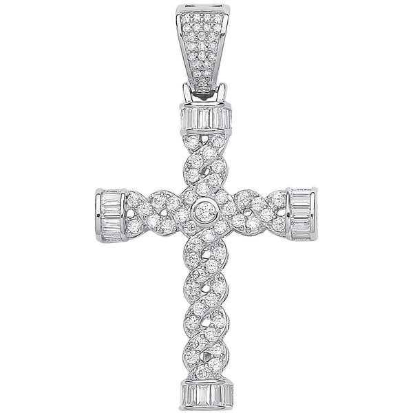 Silver Plait Style Fancy CZ Cross