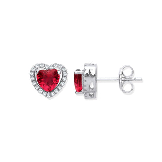 Silver Red CZ Halo Heart Stud Earrings