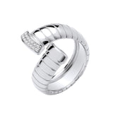 Silver Ribbed Cross-over CZ Ring