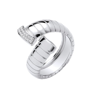 Silver Ribbed Cross-over CZ Ring