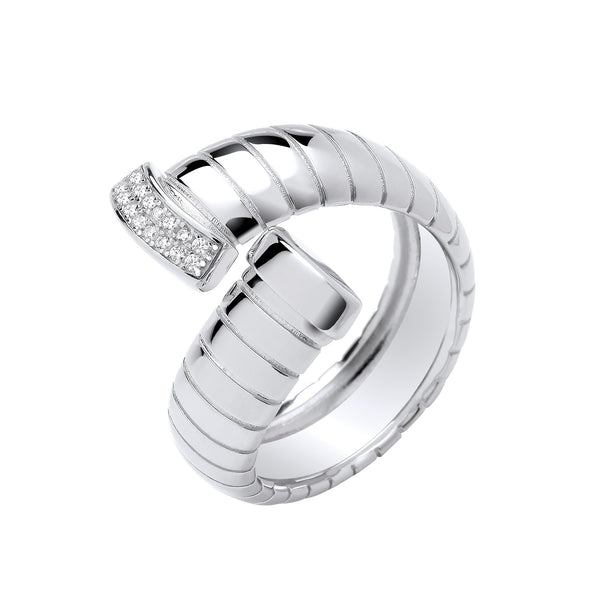 Silver Ribbed Cross-over CZ Ring