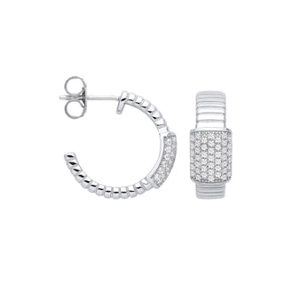Silver Ribbed Link With CZ Id Plate Earrings