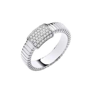 Silver Ribbed Link With CZ Id Plate Ring