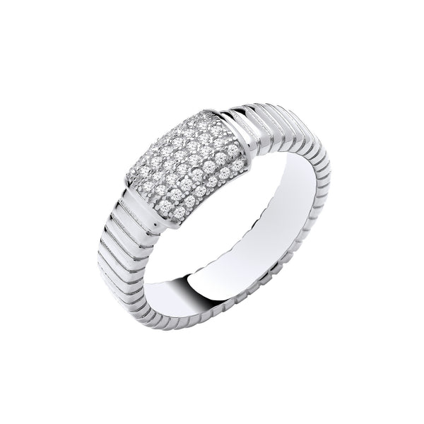 Silver Ribbed Link With CZ Id Plate Ring