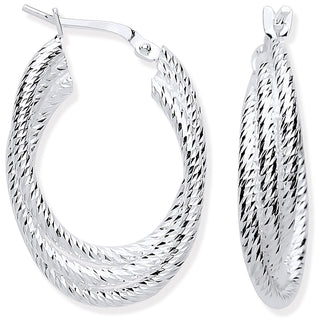 Silver Ribbed Oval 3 Row Hoop Earrings