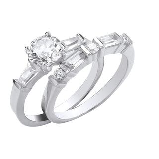 Silver Round And Baguette CZ Bridal Set Rings