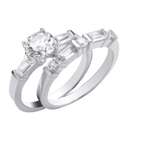 Silver Round And Baguette CZ Bridal Set Rings