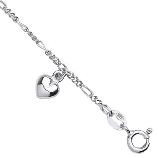 Silver Small Figaro Chain With Heart Charms Bracelet