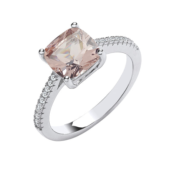 Silver Solitaire Synthetic Morganite & CZ Shoulder Ring