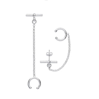 Silver T-bar With Chain Earrings Cuff Earrings