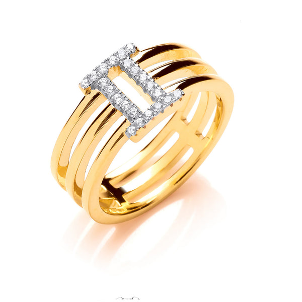 Silver With 14ct Yg Plated CZ Three Band Ring
