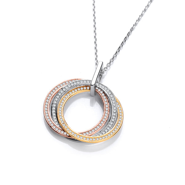 Silver, Yellow & Rose Gold Plated CZ Pendant With 18" Chain
