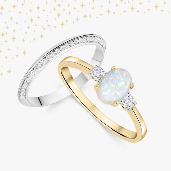 Opal and diamond rings with sparkles