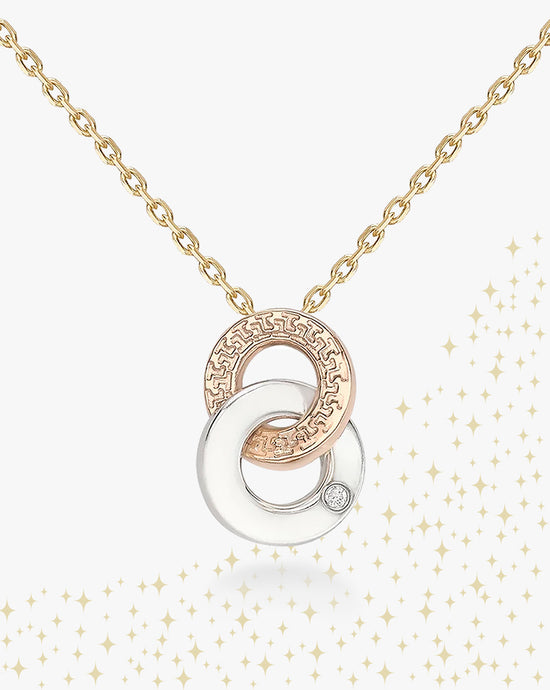 Rose gold and white gold interlocking circle necklace with sparkles