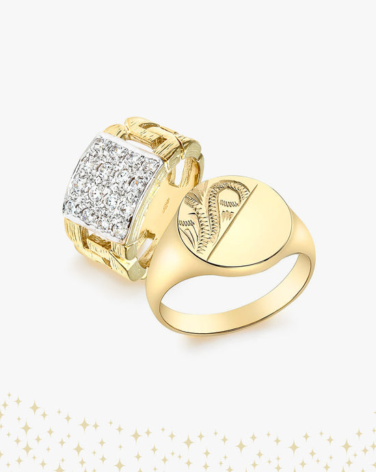 Men's gold signet rings and sparkles