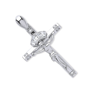 White Gold CZ Baguettes & Round Crucifix