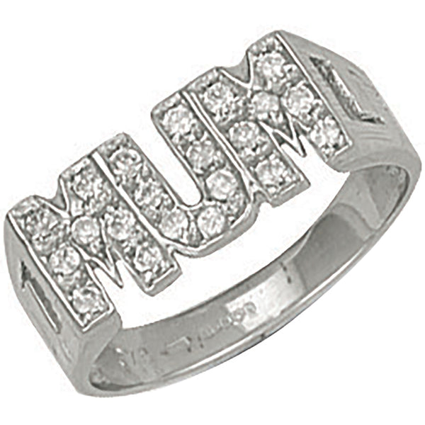 White Gold CZ Id Sides Mum Ring