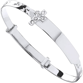 White Gold D/c Expandable Baby Bangle CZ Cross