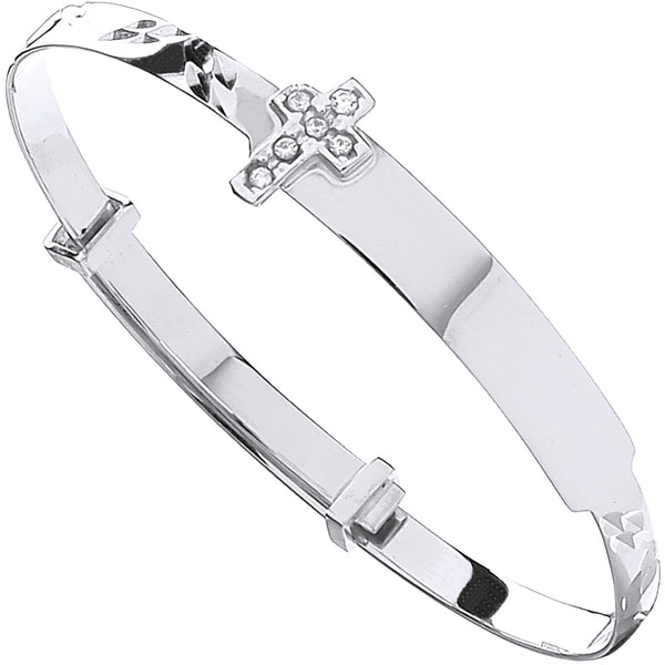White Gold D/c Expandable Baby Bangle CZ Cross