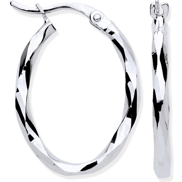 White Gold Faceted Oval Hoop Earrings