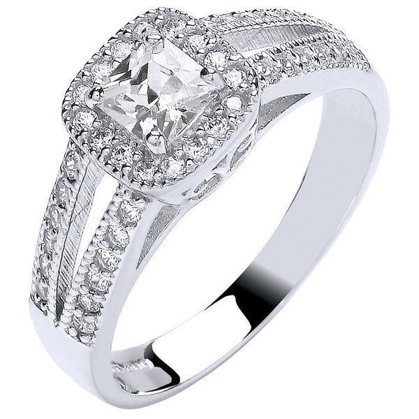 White Gold Ladies Princess Centre Split Shank CZ Ring
