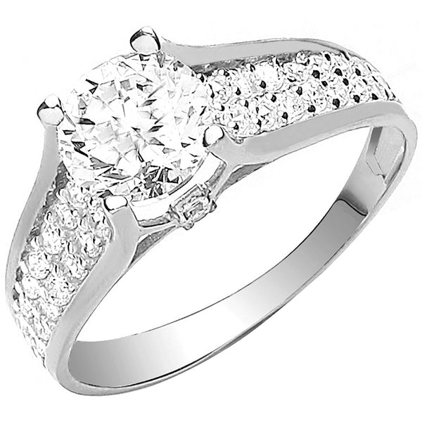 White Gold Ladies Single Stone Two Row CZ Shoulder Ring