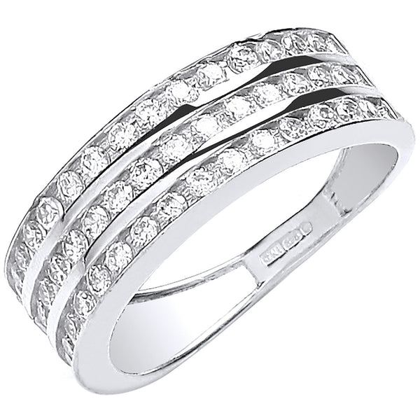 White Gold Ladies Three Row CZ Ring