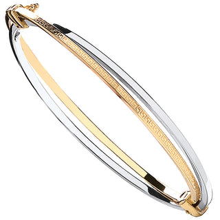 Y & White Gold Two Row Bangle With Greek Key Pattern