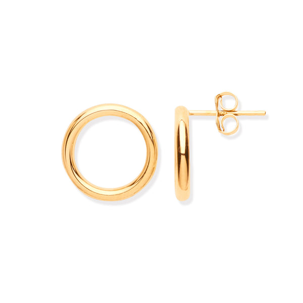 Yellow Gold 14mm Open Circle Tube Stud Earrings